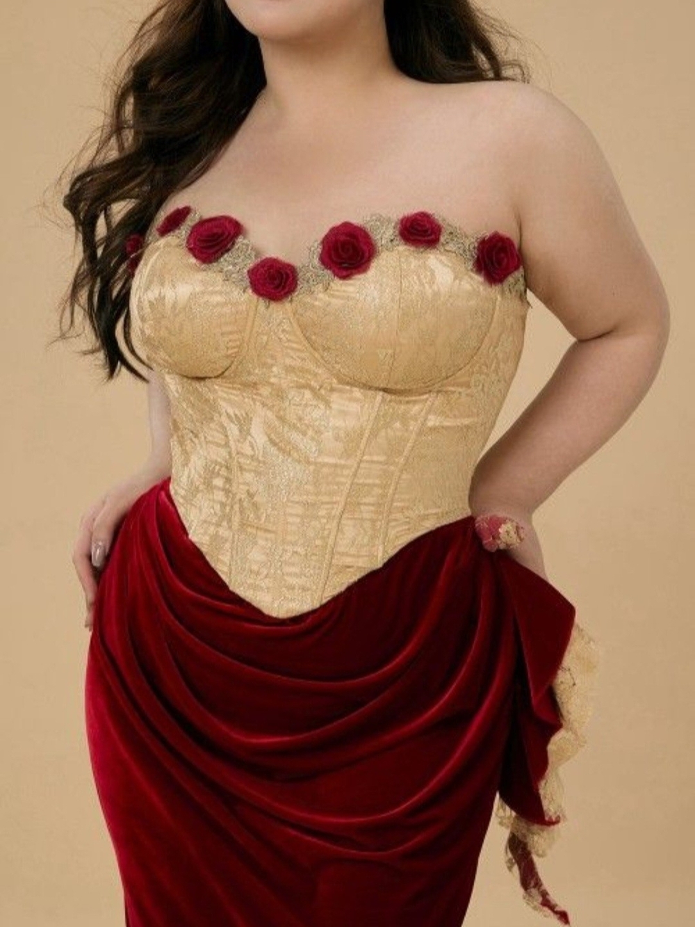 Gold Brocade Strapless Bustier with Red Rose Trim - Women Intimates - Picture 4 of 5